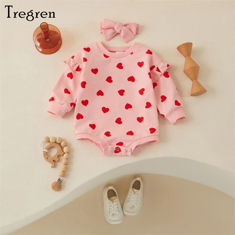 

Tregren 0-18M Newborn Baby Girl Valentine's Day Romper Ruffle Long Sleeve Heart Print Bodysuit with Headband Set Infant Clothes