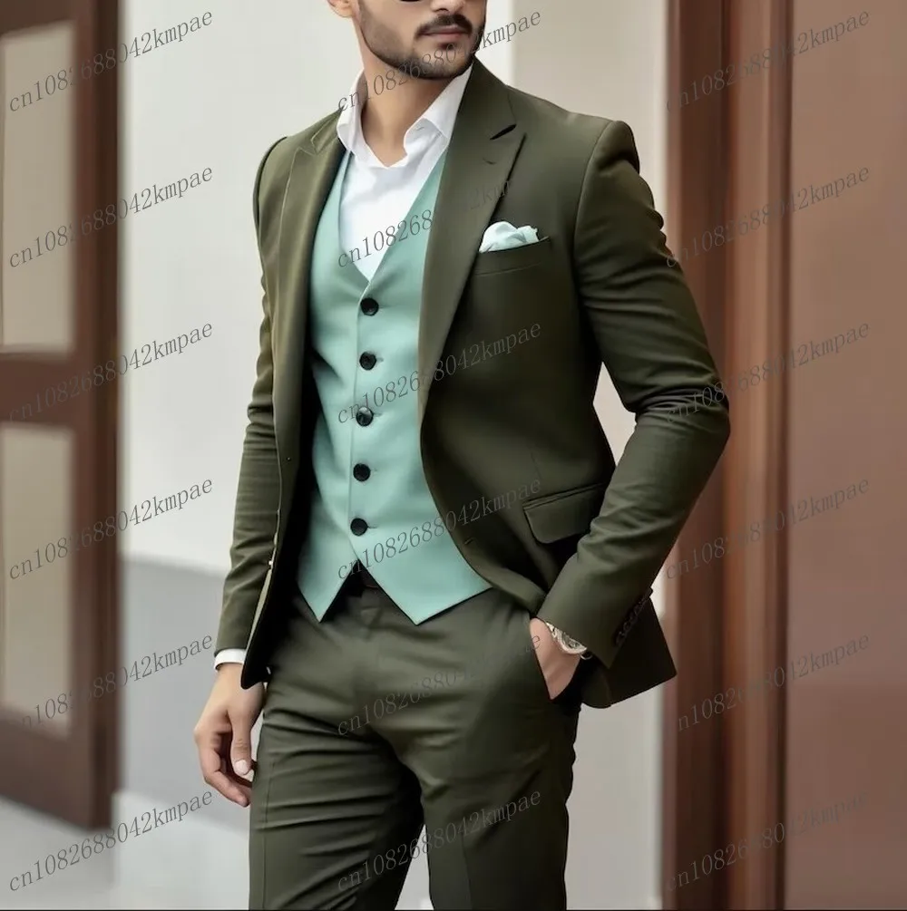 

Army Green And Mint Green Formal Men Suit Groom Groomsman Wedding Party Prom Business Male Tuxedos 3 Piece Set Blazer Vest Pants