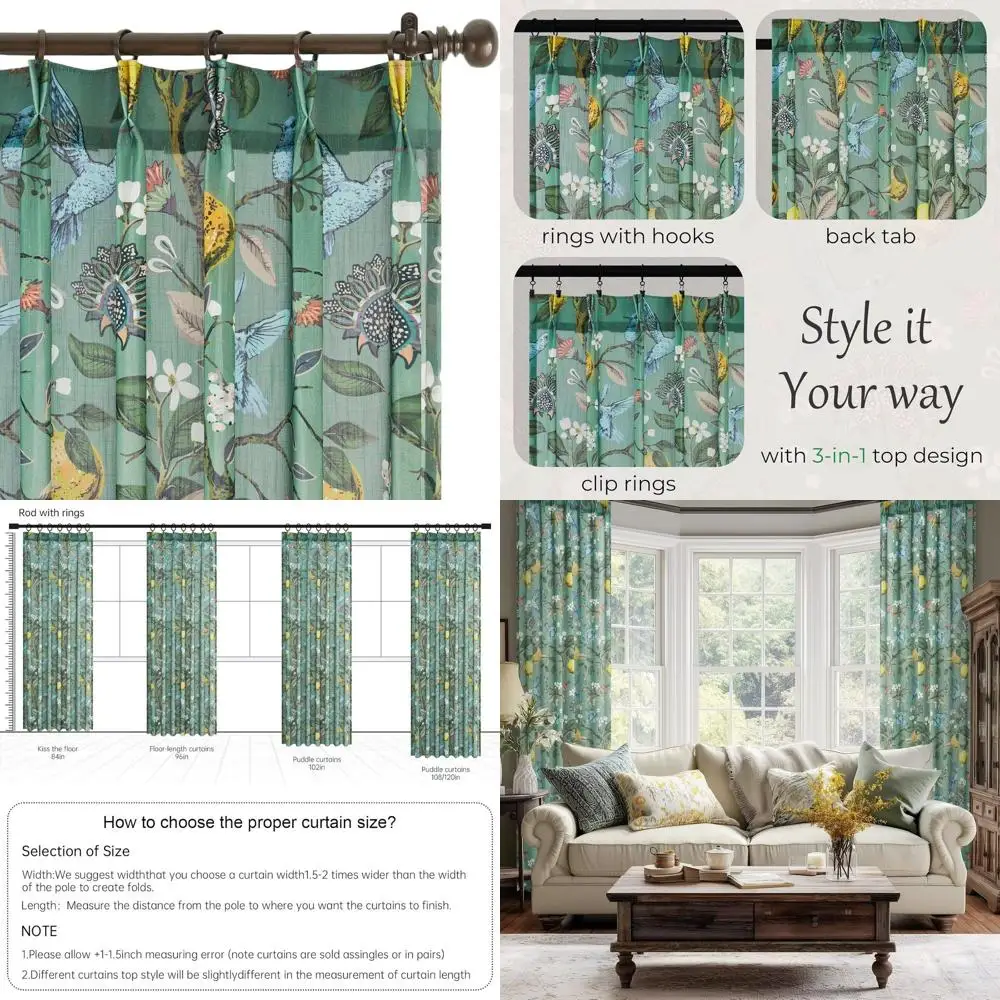 

Vintage Lemon Hummingbird Sheer Curtains, 96 Green, 2-Panel Set for Bedroom & Nursery