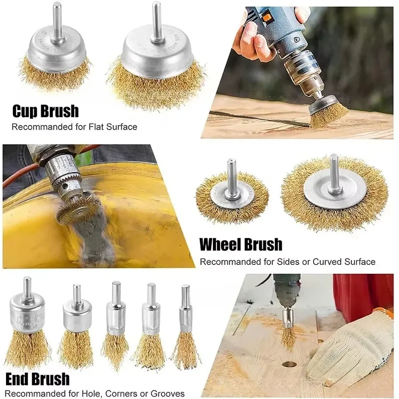 Wire Brush Wheel Cup Set,Steel Wire Brush Brass Plated Wheels Brushes Drill Rotary Tools Metal Rust Removal Polishing Brush