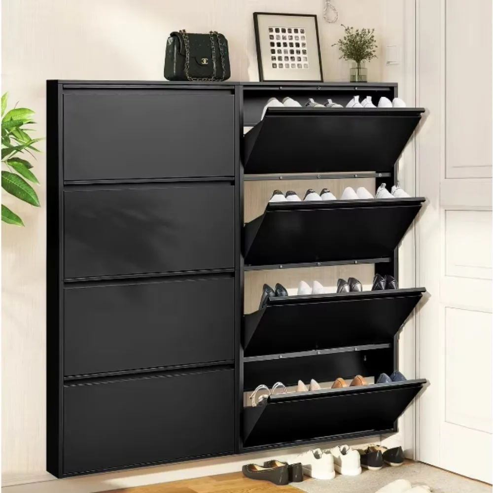 

Metal Shoes Cabinet with 4 Flip Drawers, Wall Mount Shoe Organizer for Entryway, 4 Layers Steel Shoe Rack Hidden Shoe Organizer
