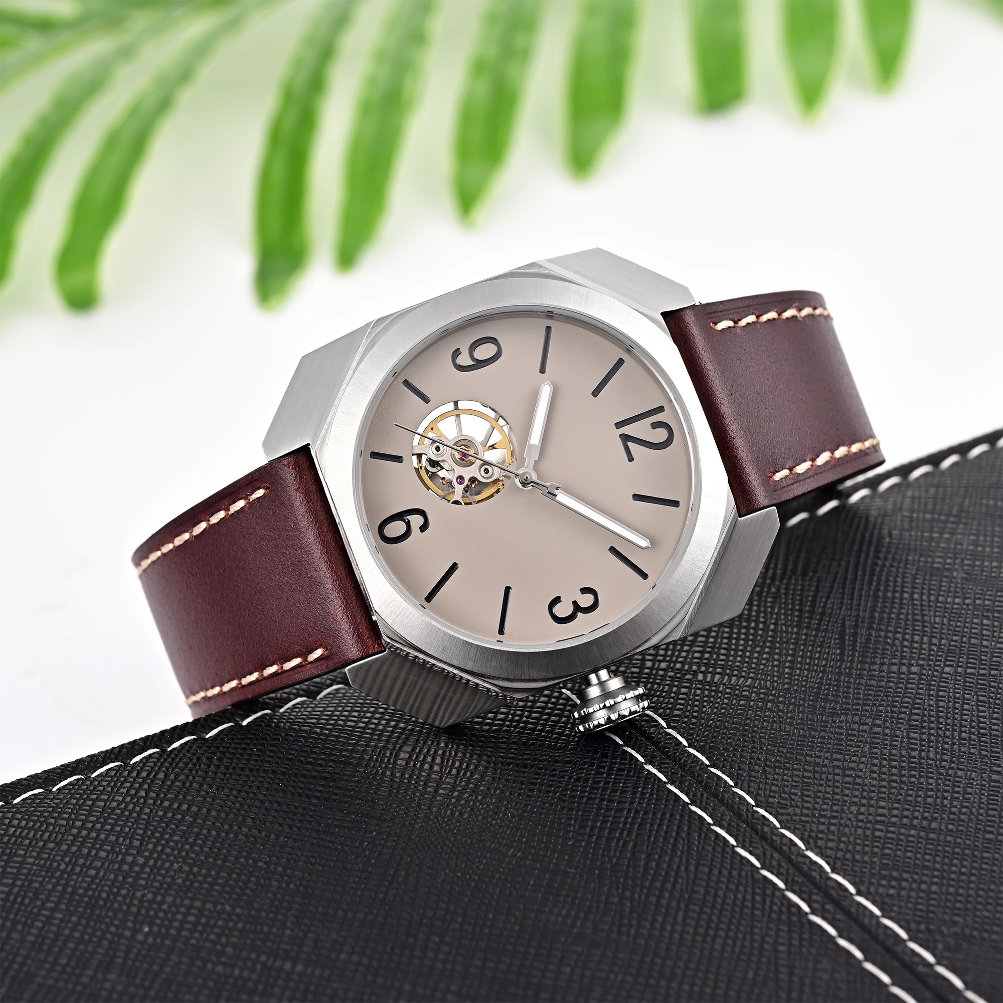 New Parnis 40mm Gray Dial Automatic Mechanical Men Watches Brown Leather Strap Stainless Steel Case Men Watch relogio mascullino