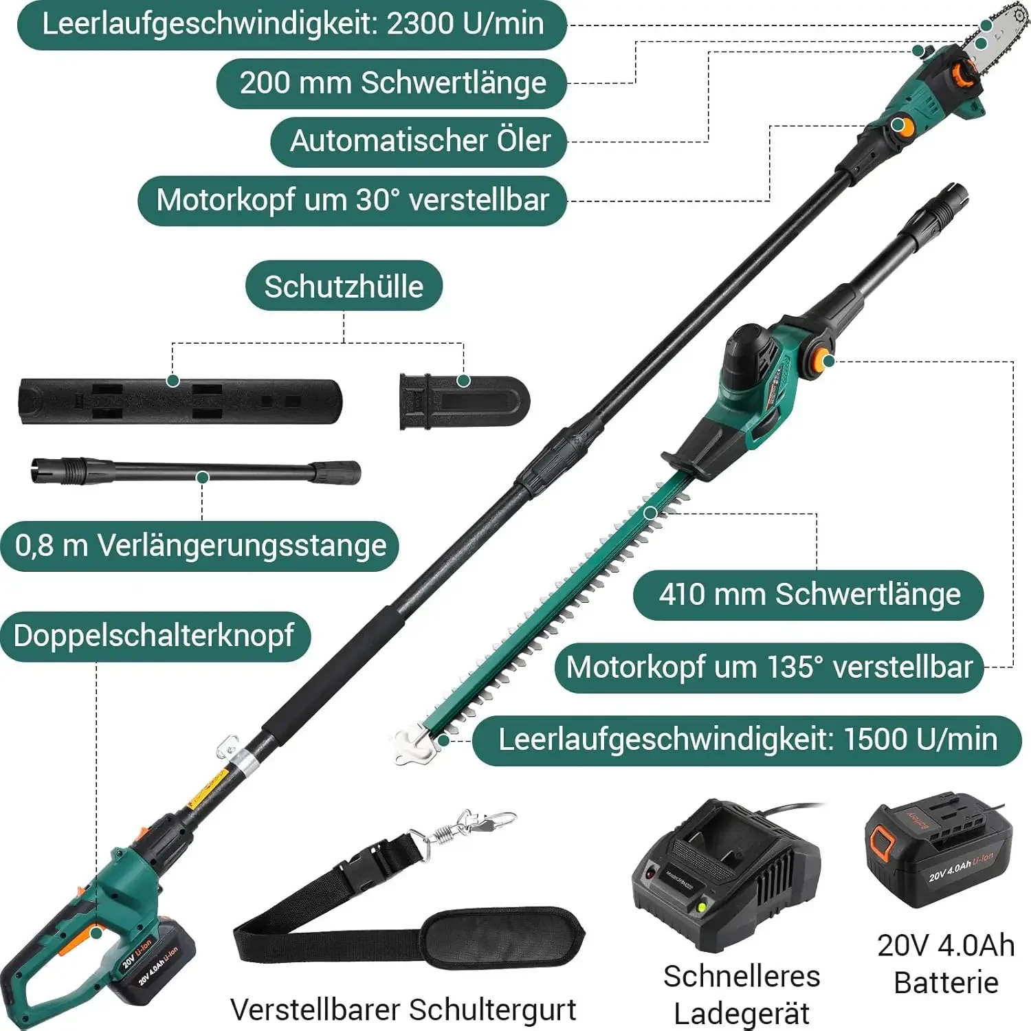 Sega a palo a batteria 2 in 1 per tagliare alberi, portata fino a 3 m, multiangolo, sega a palo elettrica senza attrezzi telescopica, tagliaerba
