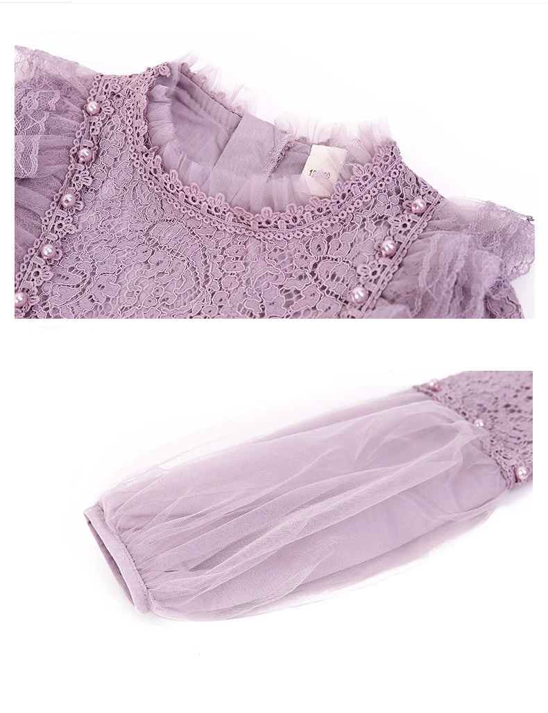 Frühling Herbst Kinder Mädchen Kleider Laterne Hülse Spitze Prinzessin Kleid Perle Süße Oansatz Mesh Party kinder Kleidung Vestidos – Detail 3