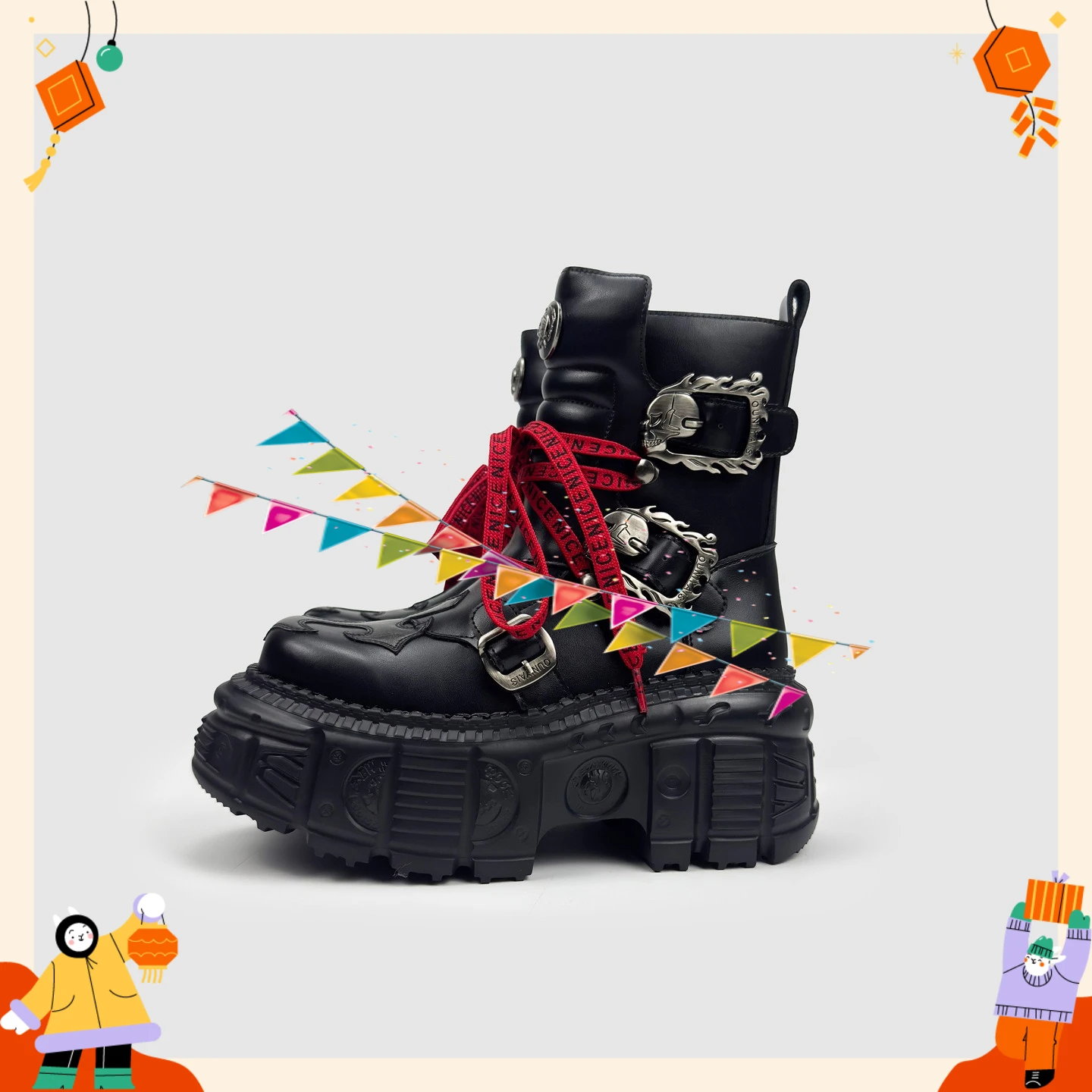 Brand Shorty Le Platform Muffin Short Men's and Women's Same Heavy Metal Black and Red Chelsea Boots