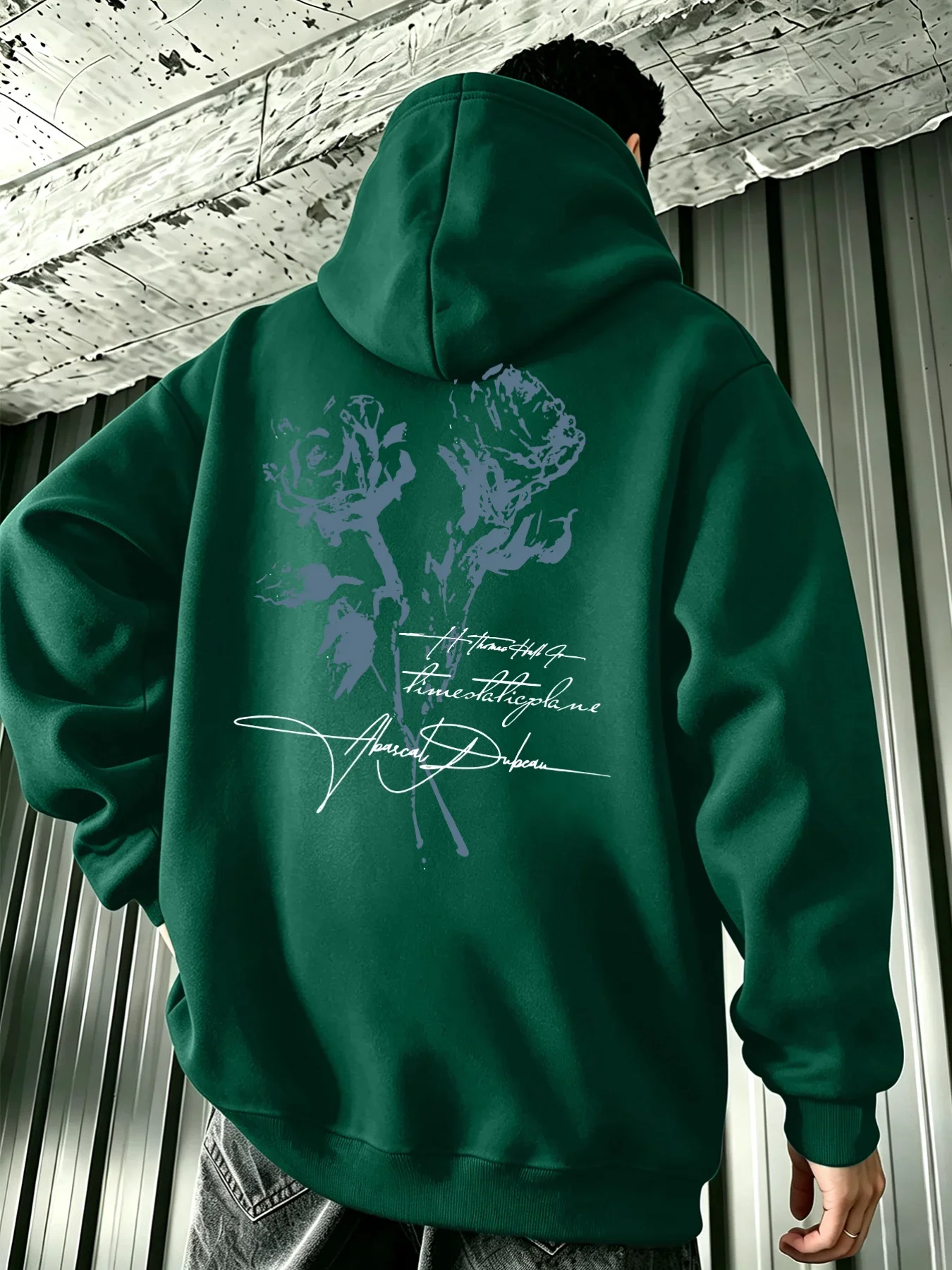 Men Trendy Sketch Rose Signature Theme Oversized Pullover Hoodie Fleece Lined Autumn Winter Loose Fit Street Fashion Sweatshirt