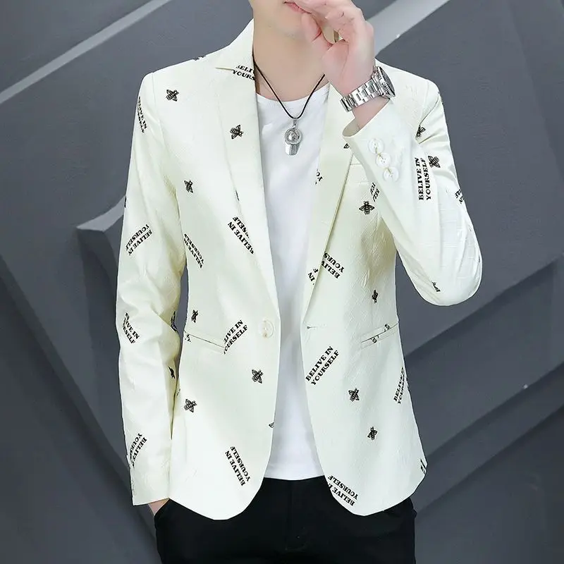 2-A38 Casual, Handsome, Spring Personalized Printed Korean Style Slim Suit Teenage Men's Small Suit Trendy Men's Clothing