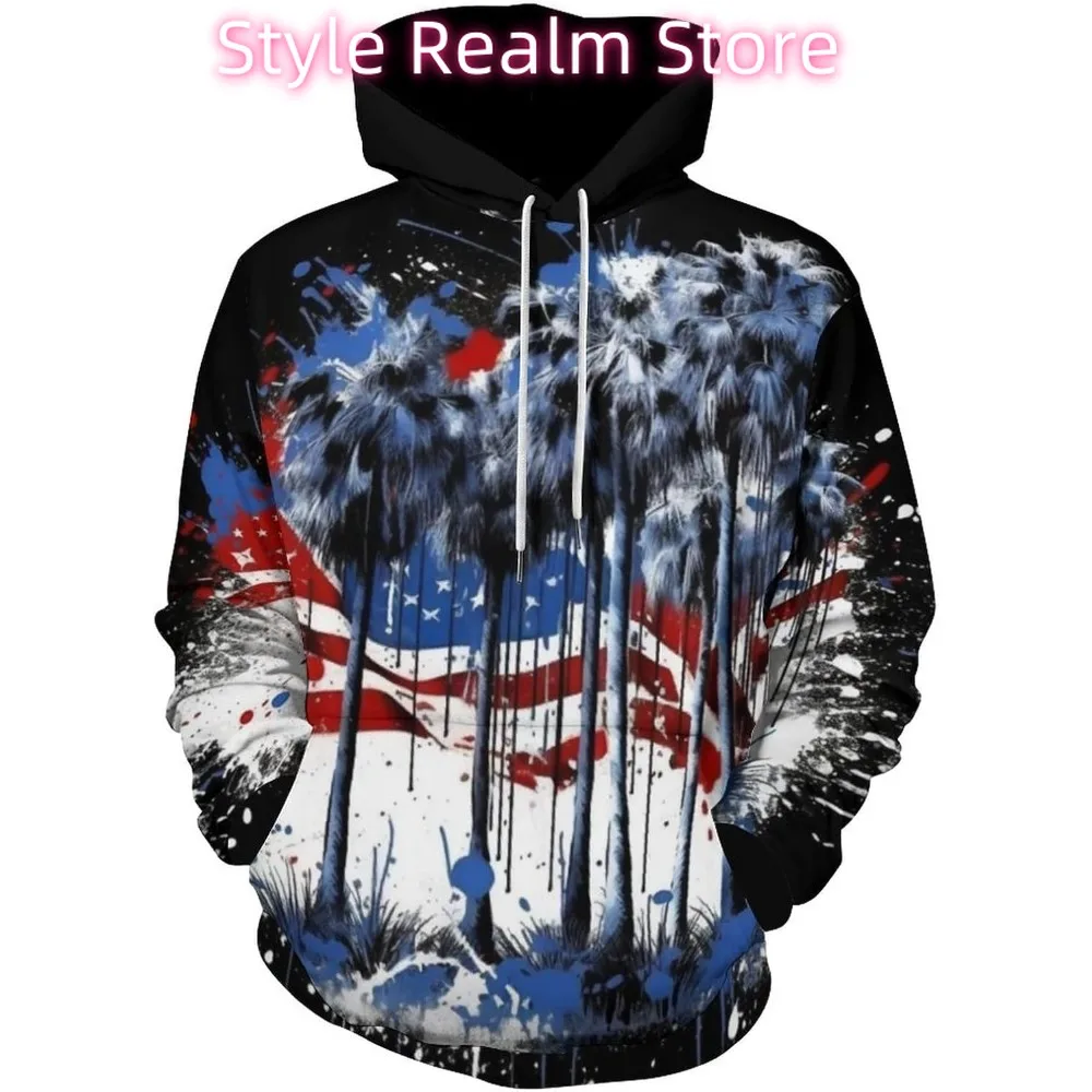 سويت شيرت بقلنسوة للرجال بعلم أمريكي أمريكي مطبوع عليه هيبي مضحك على شكل جمجمة