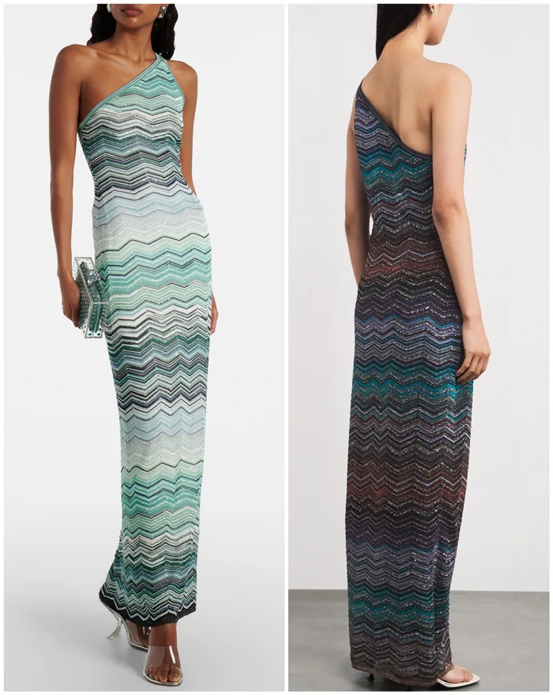 

Women Zigzag One Shoulder Metallic Sleeveless Party Long Dress