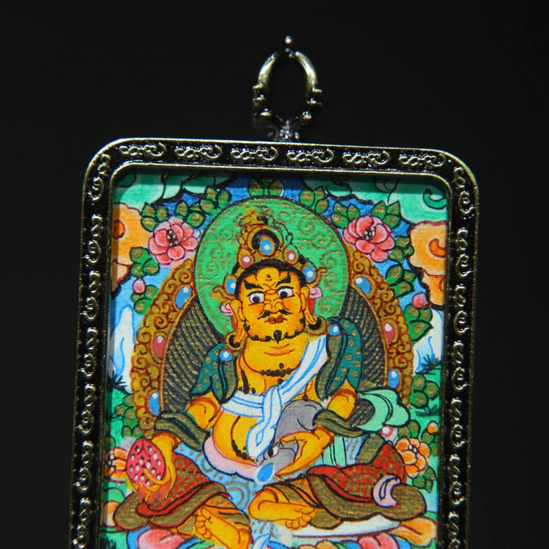 Tibetan Buddha brass frame painted Mahagala yellow God of Wealth thangka pendant square necklace pendant jewelry 6.3 cm