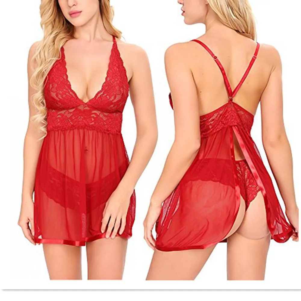 

Dropshipping Women's Lingerie Red Pink Sexy Nightwear Spaghetti Strap Nightgown Babydoll Chemise Пижама Женская