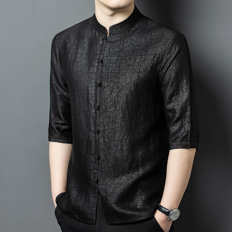 

High Quality Real Silk Shirt Men's Summer New Thin Stand-up Collar 3/4 Sleeve Suit Chinese Retro Casual