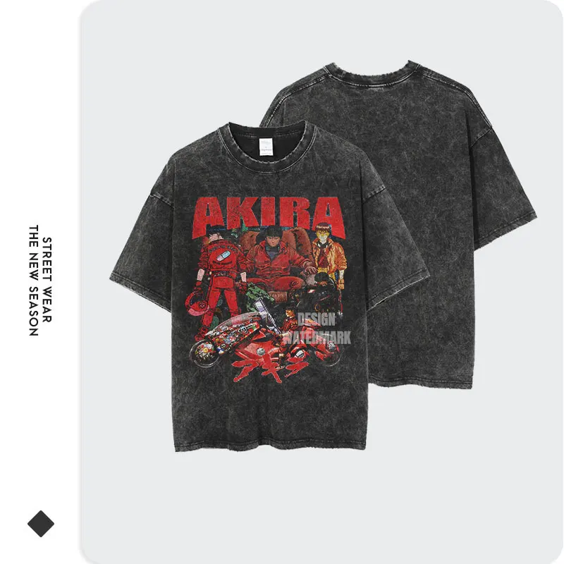 Anime Akira T-shirts Oversized Streetwear Vintage Washed Kaneda Shoutarou T Shirt Short Sleeve Retro Manga Tops Tees Men Cotton