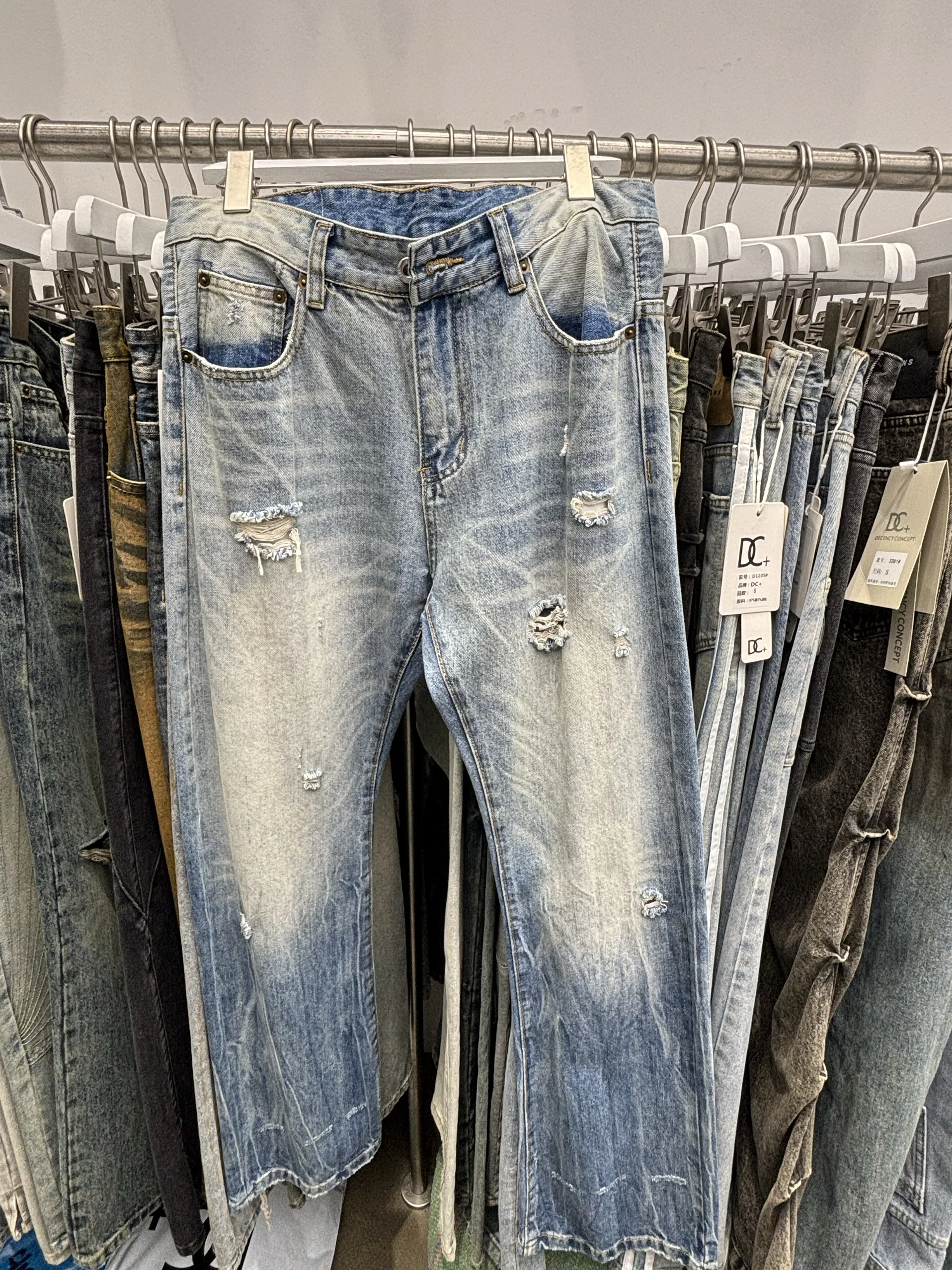 

New Ice Blue Faded Lightning Pattern Retro Washed Jeans Men's Loose Straight Leg Long Trousers Trendy Cotton Polyester Blend