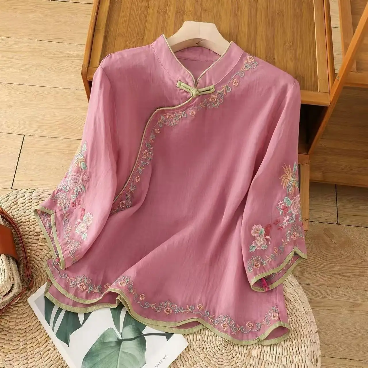 Retro New Chinese Women Cotton Linen Top, Embroidered Frog‑Button Blouse, Oriental Literary Tea Clothing for Summer