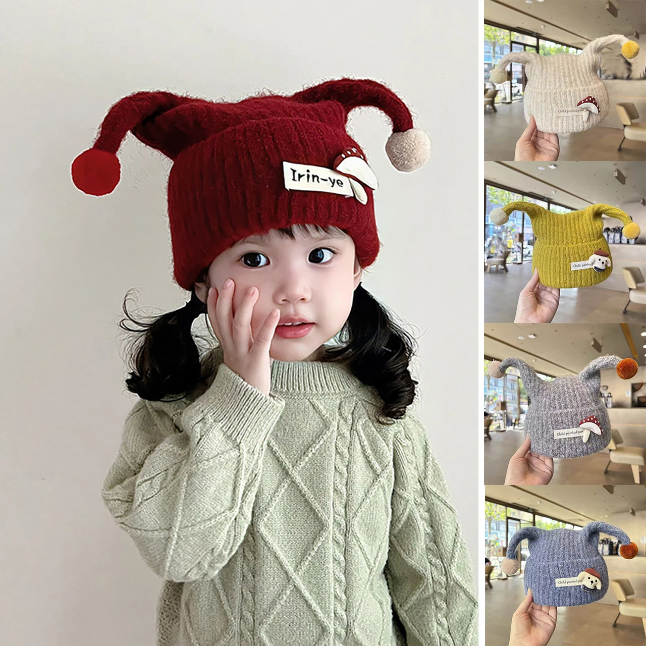 Color-Blocking Plush Ball Kids Long Antenna Knit Hat Cartoon Toddler Woolen Hats 1-4Year Baby Beanie Winter Ear Protection Cap
