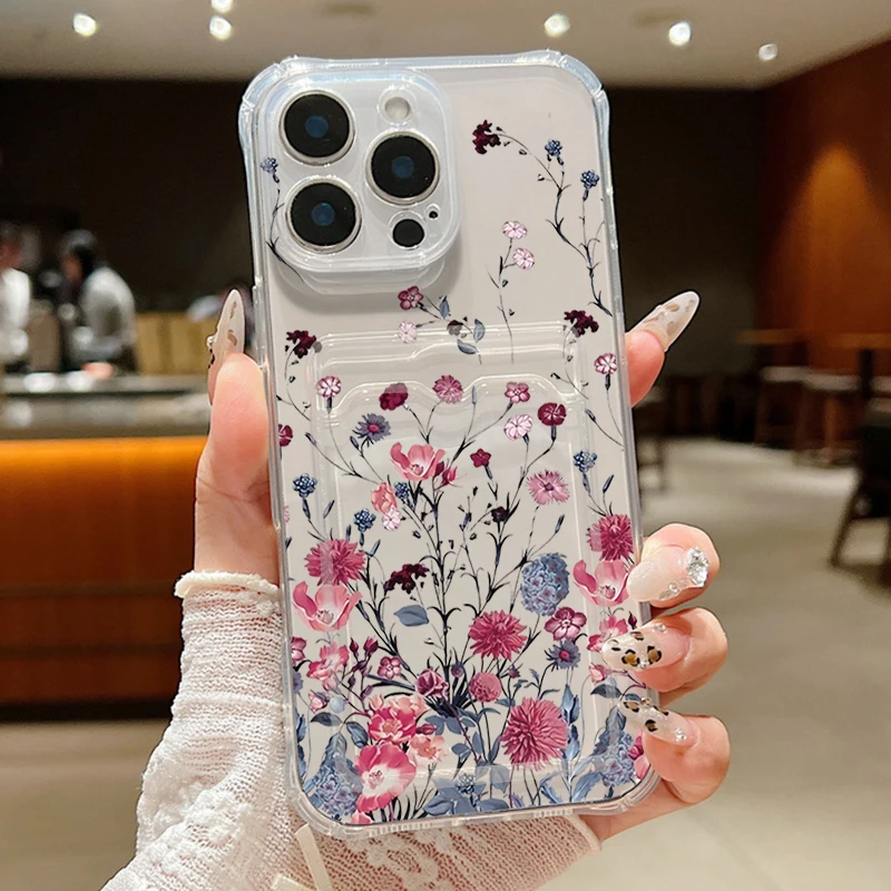 Case For iPhone 16 Pro Max Luxury Card Slot Flower Shockproof Clear Soft Silicone Cover Coque For iPhone 15 14 13 Pro Max 12 11