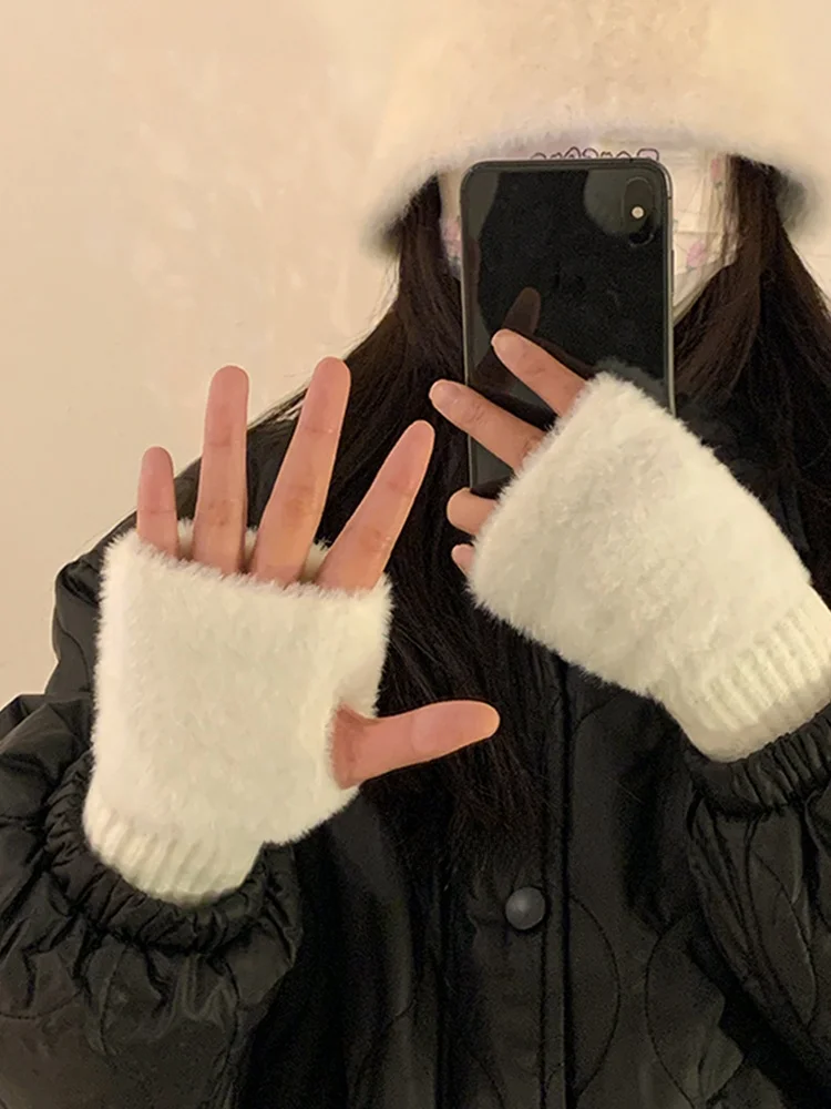 Warm Knitted Half Finger Gloves Women's Winter Fleece Office Versatile Touch Screen Compatible Writing Student Gloves