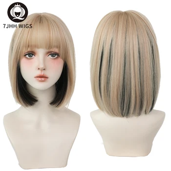 7JHH PERÜCKEN Kurze Bob Gerade Ombre Blonde Perücken Mit Pony Für Mädchen Schwarze Weibliche Synthetische Schulter Länge Häkeln Haar Ingwer Perücke