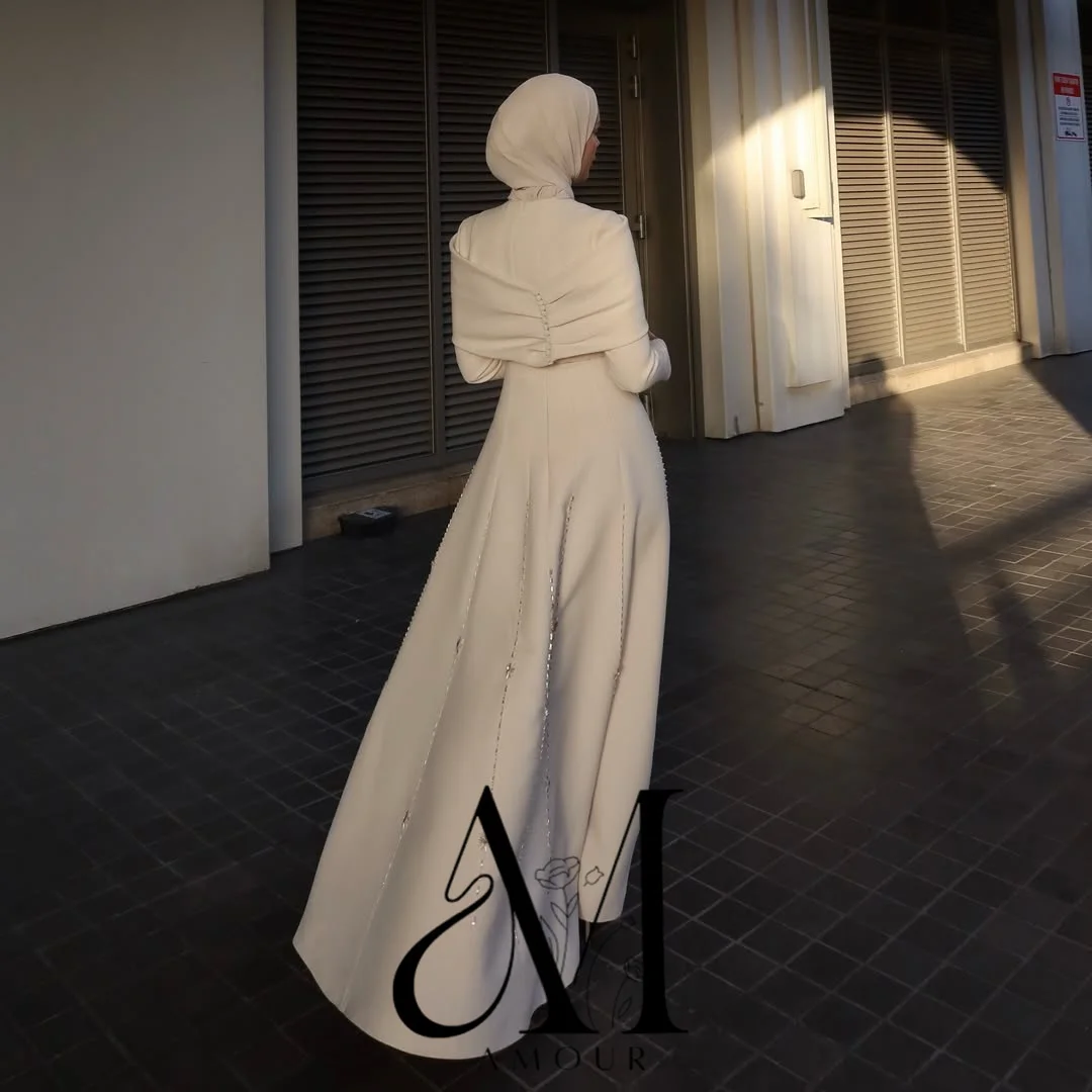 Amour Customized Muslim A-Line Evening Dresses with Hijab Pleated Long Sleeves Buttons Beading Floor-Length Formal Party Gowns