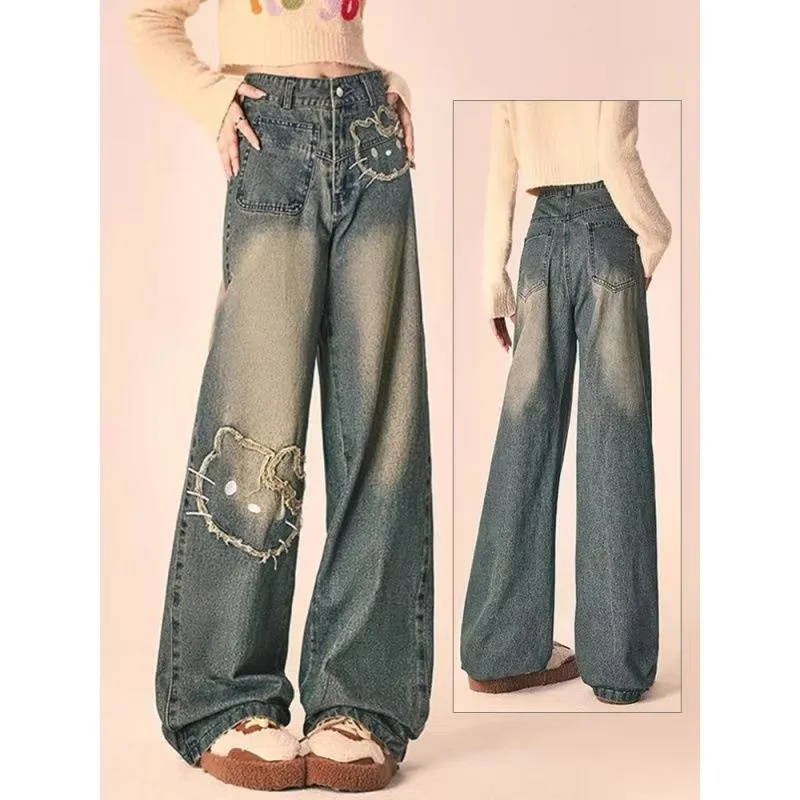 2025 Spring Autumn New Street Embroidered Jeans Women Loose Design Sense Meat Covering Wide Leg Pants Female Denim Long Pants