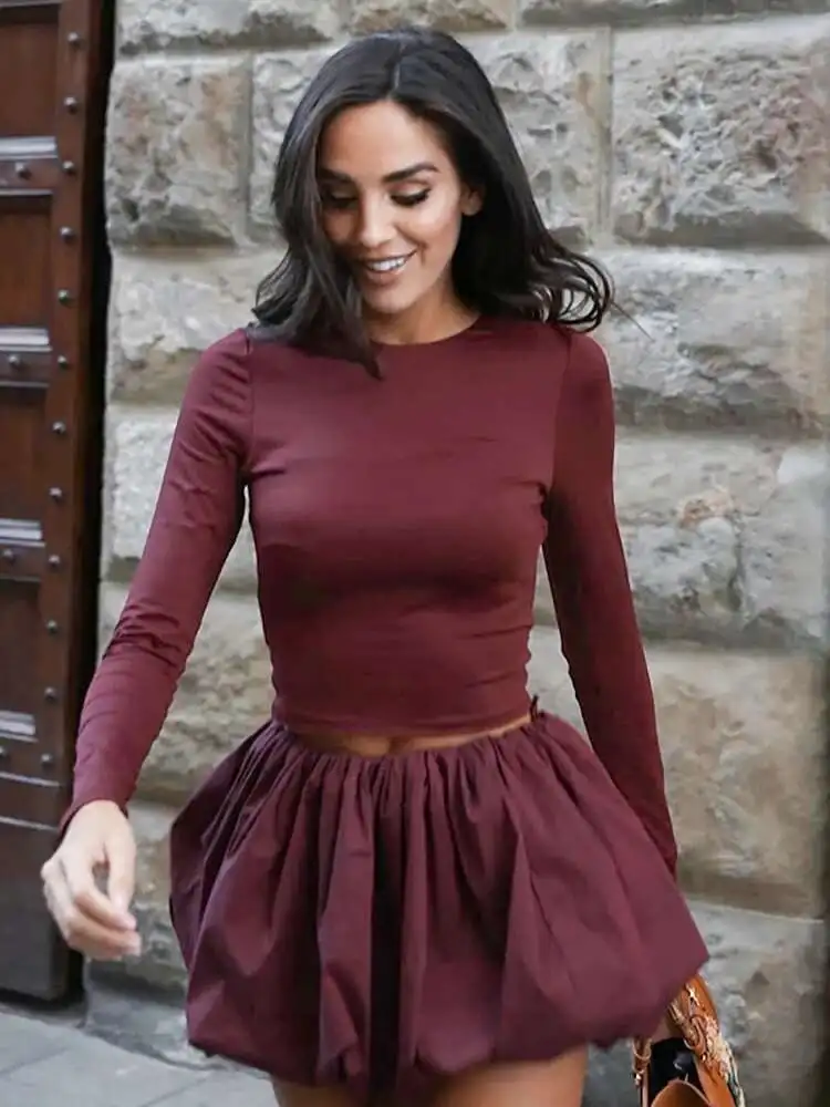 BabYoung Sexy Backless Ronde Hals Vrouwen Pak Lange Mouw T-shirt Mini Rok Vrouwelijke Winter Slanke Elegante Tweedelige Sets