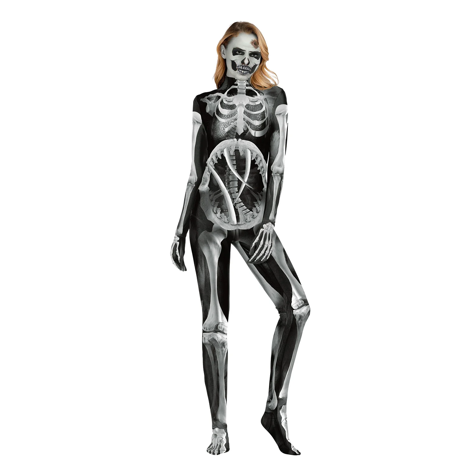 Zawaland Halloween Cosplay Costumes Full Body Jumpsuit Carnival Party Sexy Women Horror Skeleton Printing Zentai Suits