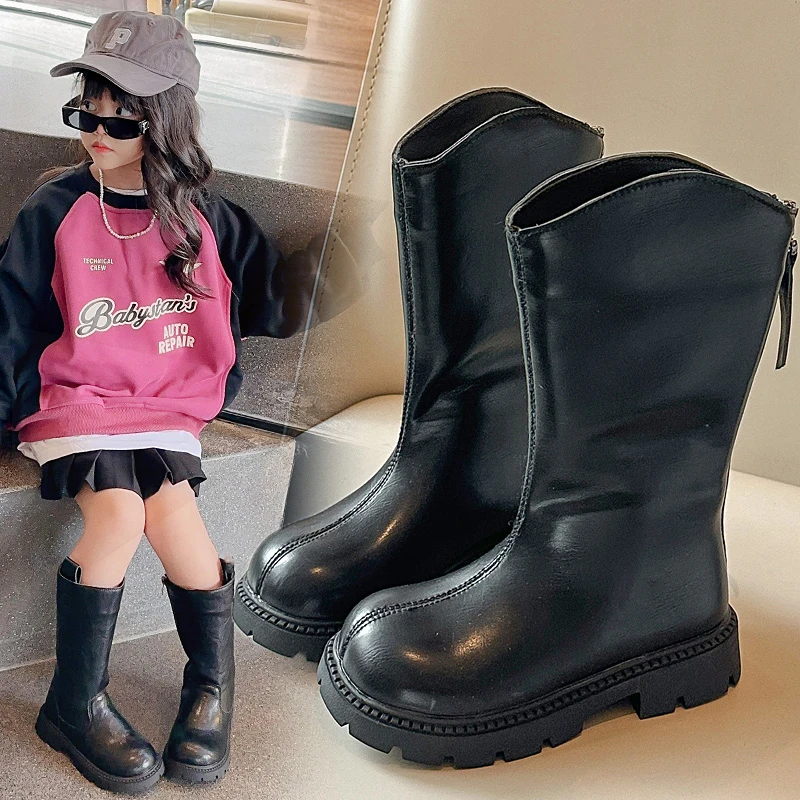 Winter Sexy Black Catwalk Casual Round Toe Fashion Children's Square Heel Kids Comfortable Increased ZIP Warm Ins Long Boots