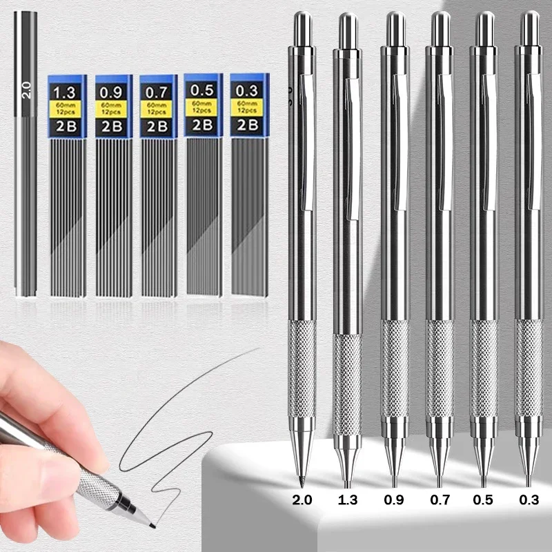 Set pensil mekanik logam 0.3 0.5 0.7 0.9 1.3mm, spidol seni isi ulang HB, pemegang timbal logam untuk menggambar menggambar menulis