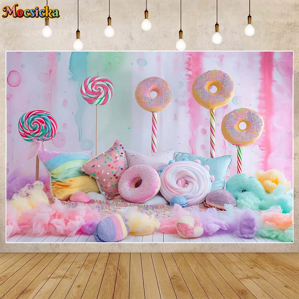 Mocsicka Baby Kids Photo Background Donut Lollipop Pillow Newborn Portrait Backdrop Photography for Photo Studio Photocall Props