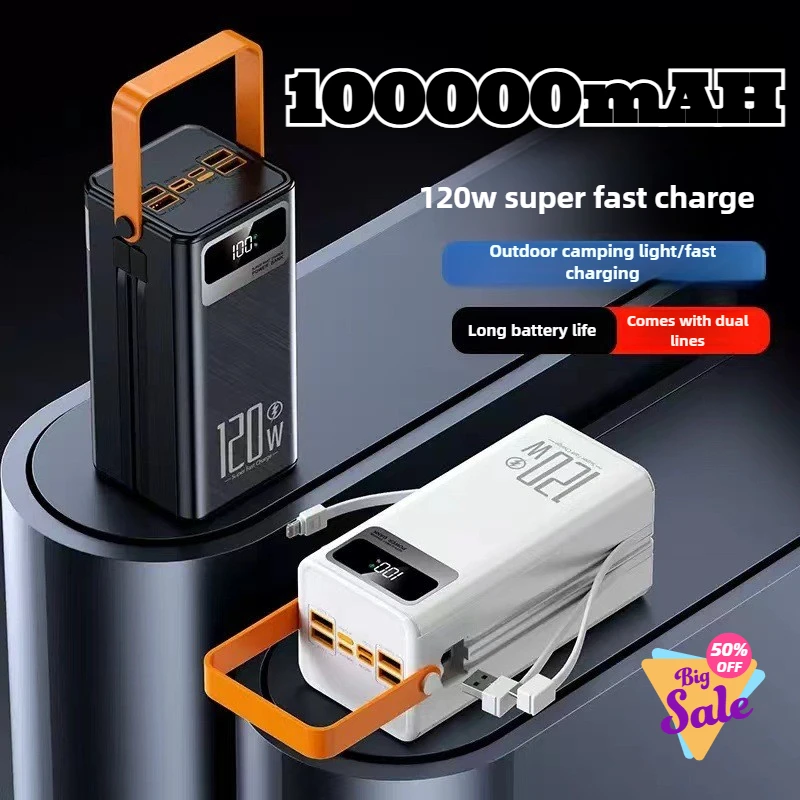 

Power Bank Быстрая зарядка с кабелем 100000 мАч Мощный внешний аккумулятор большой емкости для IPhone, Samsung Xiaomi HUAWEI