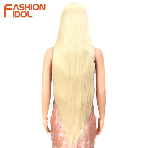 Imagen 2 del producto FASHION IDOL-pelucas frontales de encaje sintético para mujer, pelo liso de 38 pulgadas, fibra de alta temperatura, Rubio degradado, resaltado, Cosplay