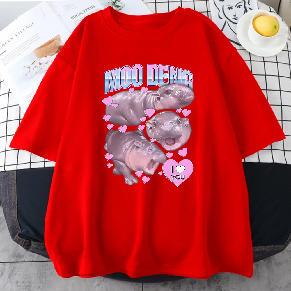 Moo Deng Hippo T-shirt Bawełniane letnie koszulki damskie z krótkim rękawem Ropa De Mujer Casual Cartoon Graphic Printing Tee-shirt O-neck