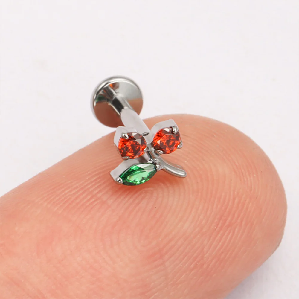 F136 Titanium Alloy Fashion New Mini Cherry Zirconia Stud Earrings Anodized Ear Cartilage Lip Studs Body Piercing Jewelry