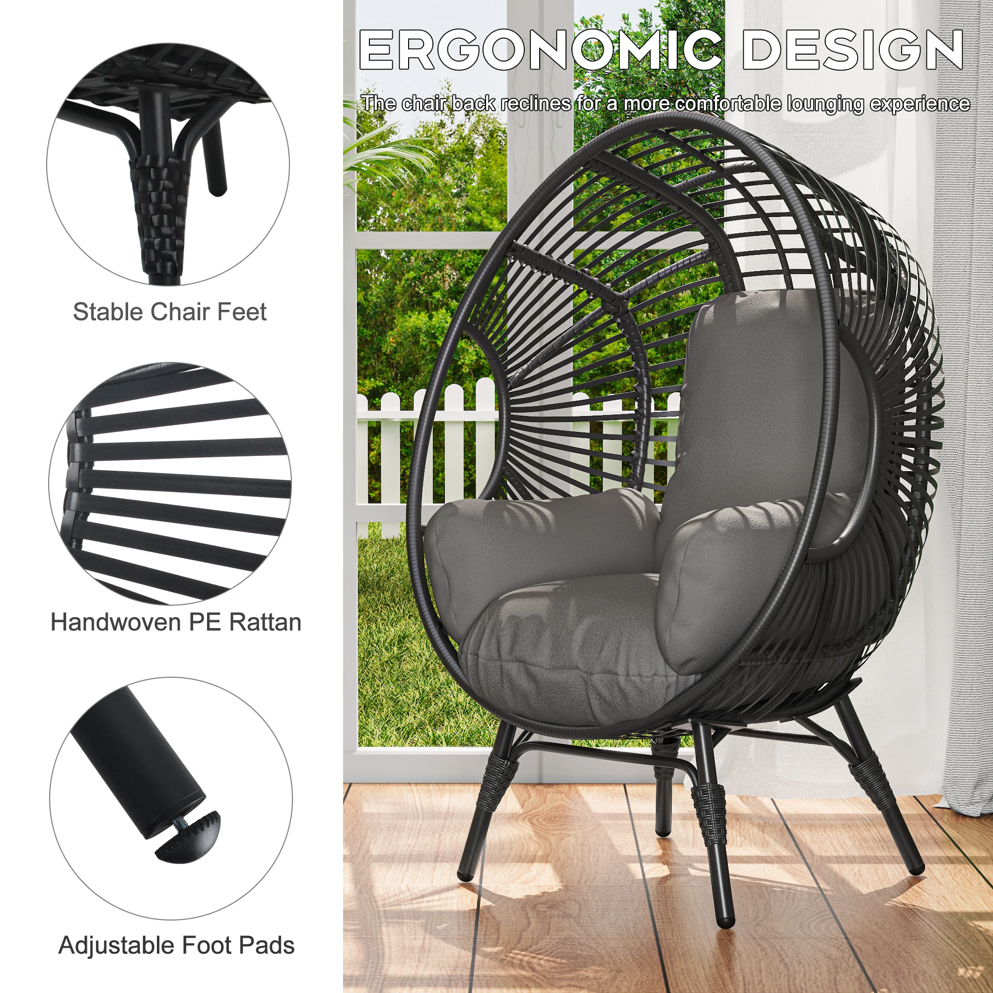 

Elegant Arc Back Hanging Egg Chair 400lb Capacity Patio Swing with 8-Inch Cushion PE Rattan Outdoor Indoor Chair