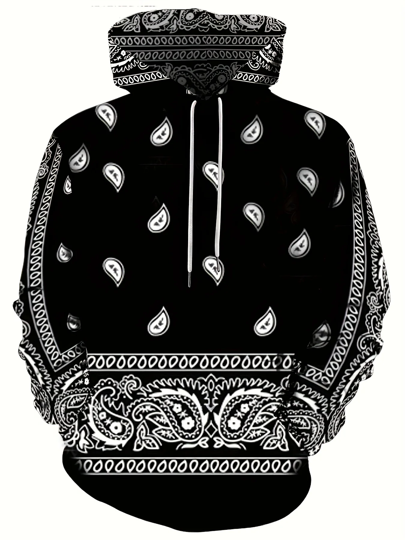Unisex Black White Paisley Bandana Print Hoodie Contrast Splicing Drawstring Pocket Hip Hop Street Sweatshirt