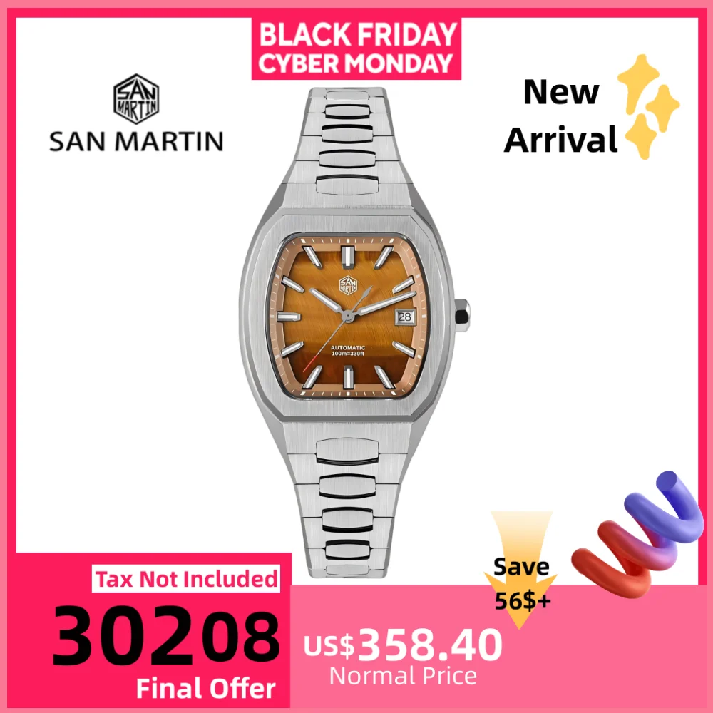 

San Martin 39.5mm Barrel Shaped Gemstone Dial PT5000 SW200 Men Watch Mechanical Self-Wind 3H Date Dress BGW-X1 10Bar Swim SN0145