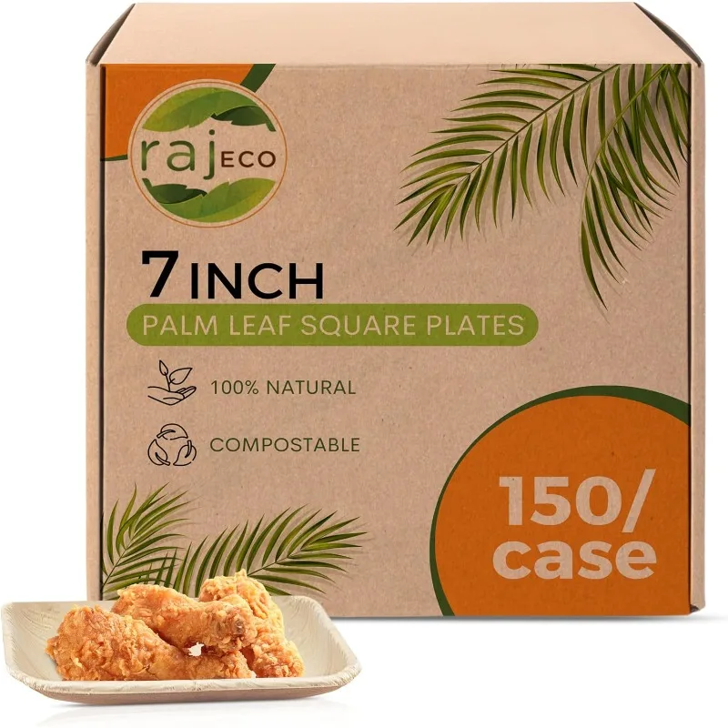 

Raj Palm Leaf Plates Bulk[50-Pack]7"Square Plates(3CASES 150PACK) like Bamboo plates Disposable,Decorative Compostable Tableware