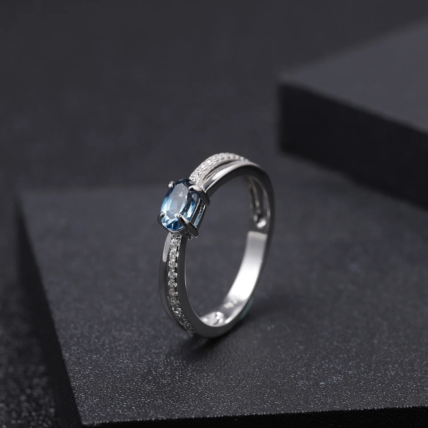 

Designer Luxury Natural London Blue Topaz Ring Floral Collection 925 Silver Inlaid Gemstone Ring