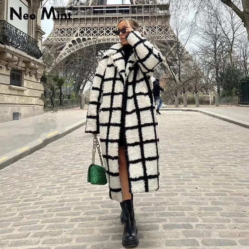 Chic Blogger Brand Fashion Long Plaid Lambswool Faux Fur Jacket Coat Women 2024 Winter Thick Warm Teddy Coat Overcoats Outerwear