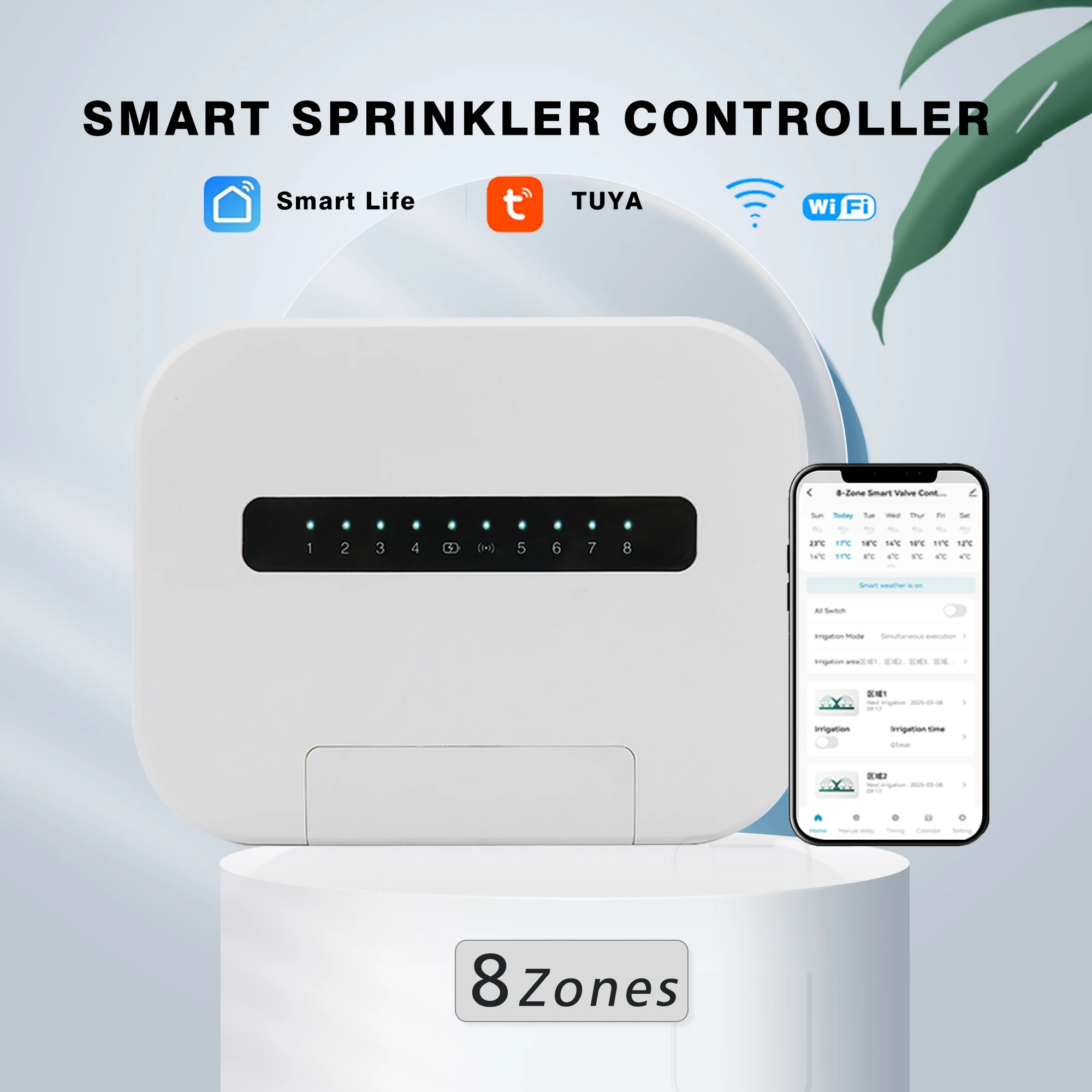 

White Type 6 Zone or 8 Station WiFi Indoor Smart Sprinkler Controller Irrigation System Remote Control by Phone Works with Alexa