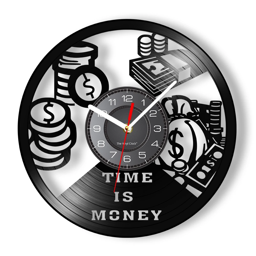 Time is Money Vinyl Record Wall Clock for Currency Finance Office Room Decor Silent Quartz Clock Late Person Procratinate Gift