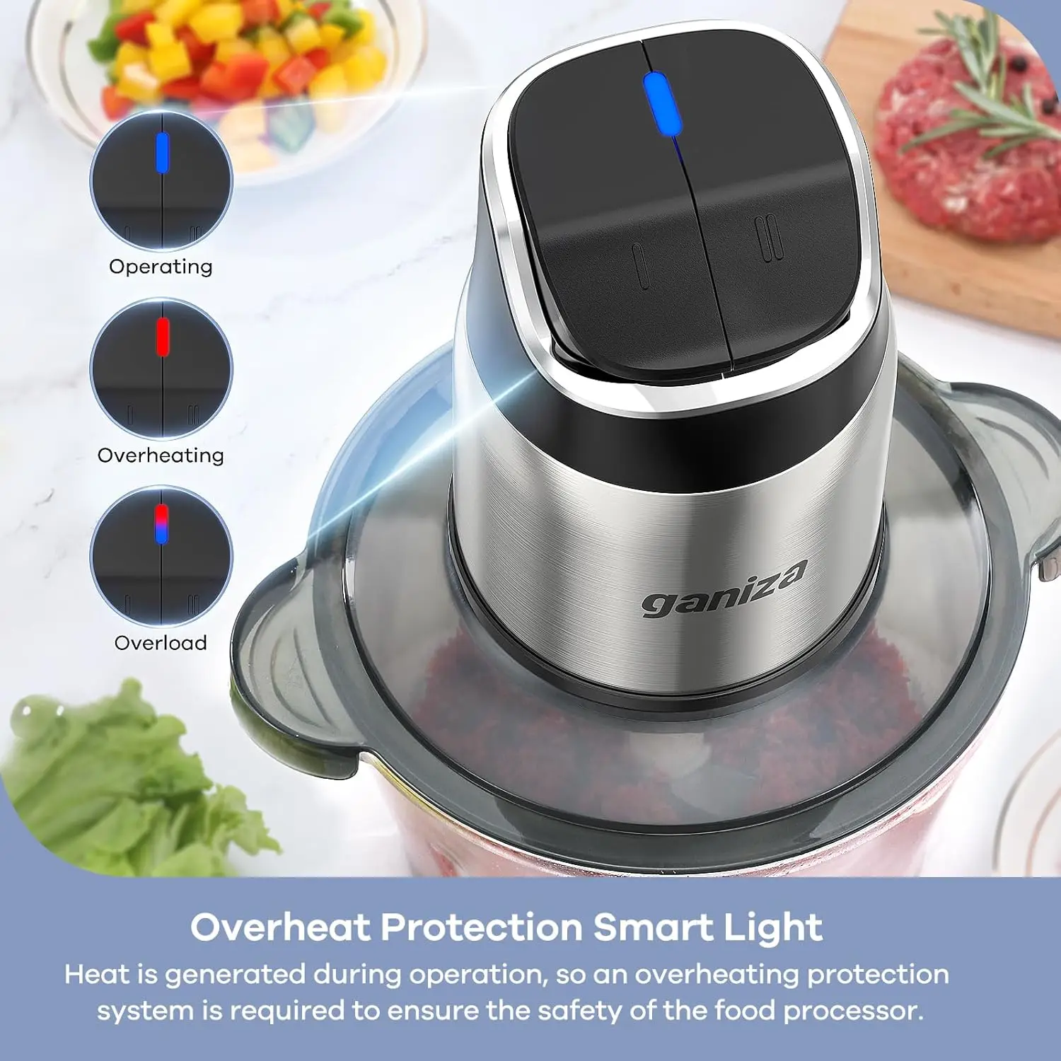 푸드 프로세서, 8컵 스테인레스 스틸 및 8컵 유리 그릇이 포함된 2단 푸드 쵸퍼 고기 분쇄기, 업그레이드된 버튼, 블레이드 2세트