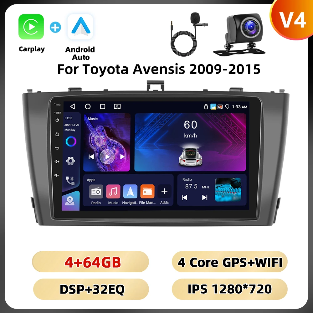 Podofo 9 ''2din Autoradio Voor Toyota Avensis 2009-2015 Multimediaspeler 8 128G 8Core Carplay Android Auto Wifi 4G Auto Audio - afbeelding 1