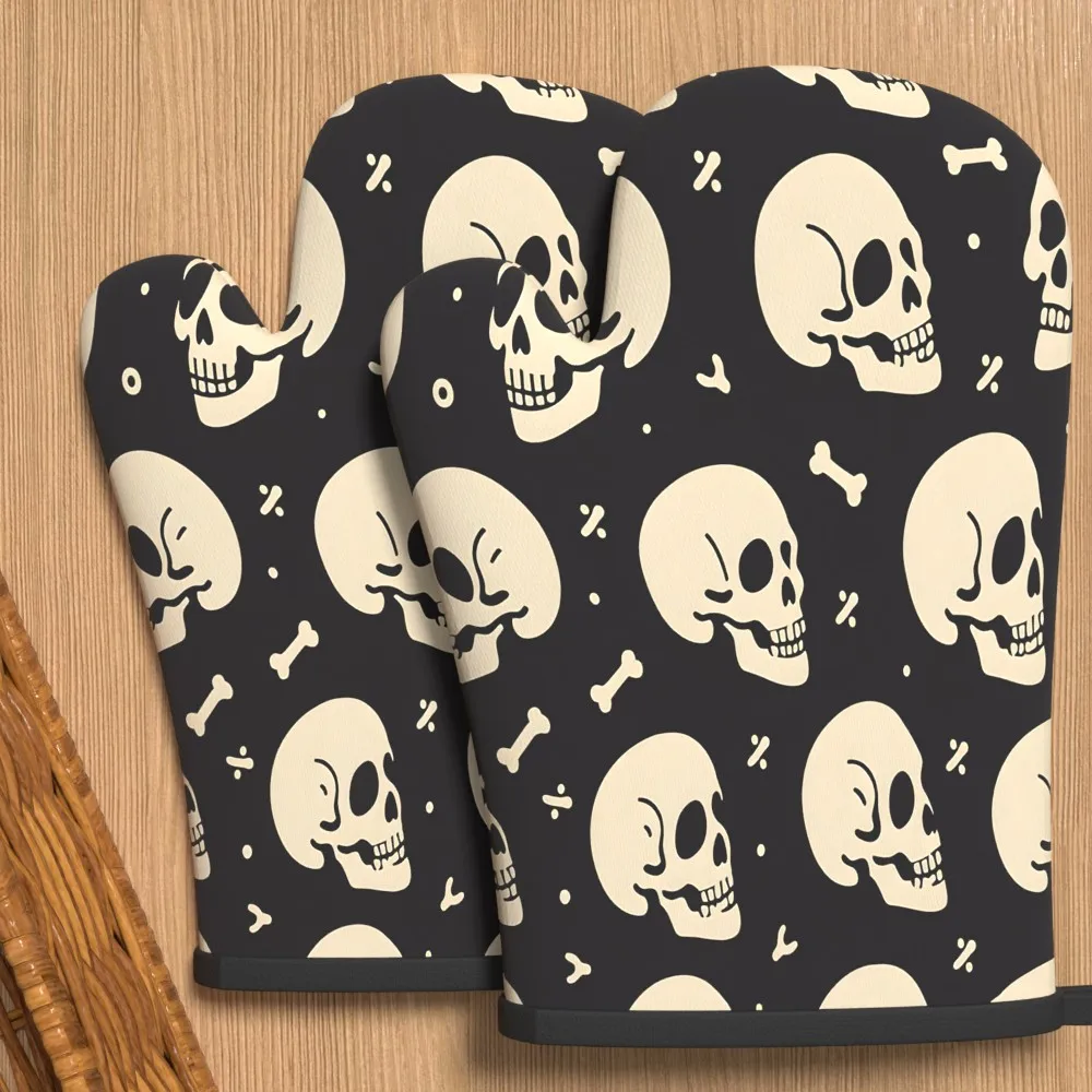 2pcs Heat-Resistant Non-Slip Oven Mitts Suitable for Kitchen, Grilling, Baking Gothic Punk Style Skull Oven, Machine Washable