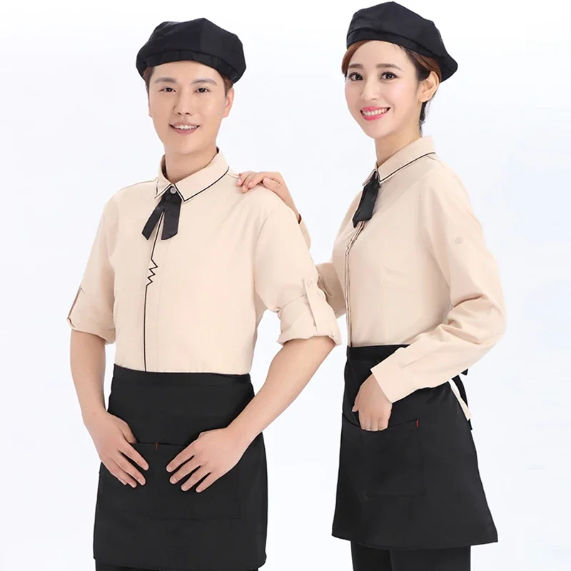 Hotel Restaurant Waiter Uniforms Coffee Shop Waitress Long Sleeve Work Shirt+Apron+Tie Set Beer Bar Worker Clothing Wholesales
