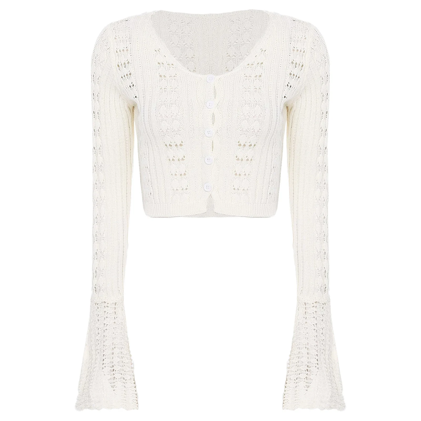 

Элегантный женский длинный расклешенный рукав с v-образным вырезом и короткими полыми пуговицами, классический вязаный кардиган, свитер, топы для повседневного повседневного использования