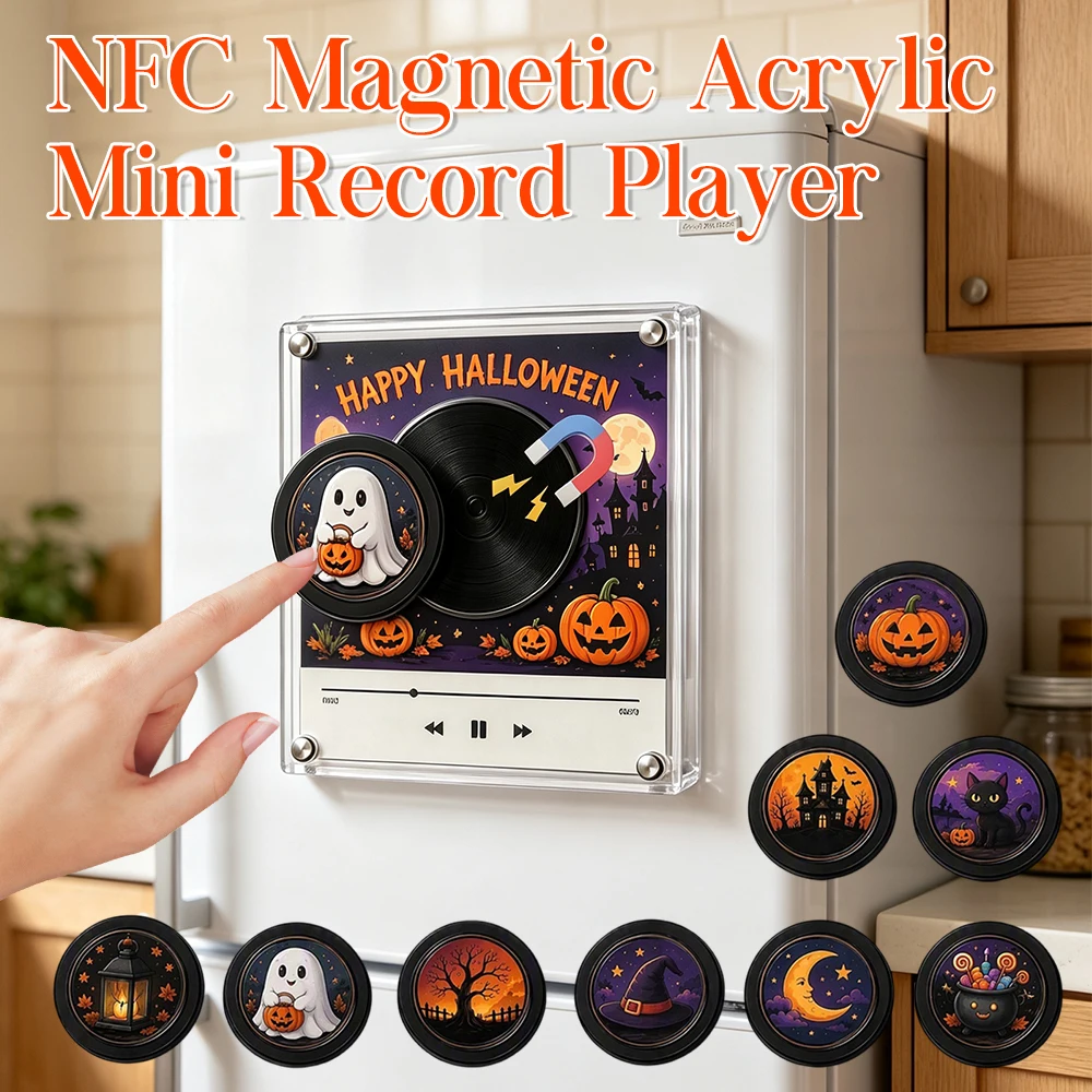 Acrylic NFC Fridge Magnet Mini Record Player LED Night Light 600mAh Rechargeable Music Decor