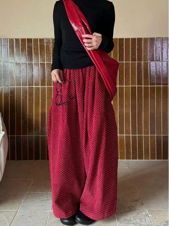 

Ankela Red Polka Dot Velvet Wide Leg Pants High Waist Cotton Casual Loose Fit plus Size Women's Autumn Long Straight Tube Tro...