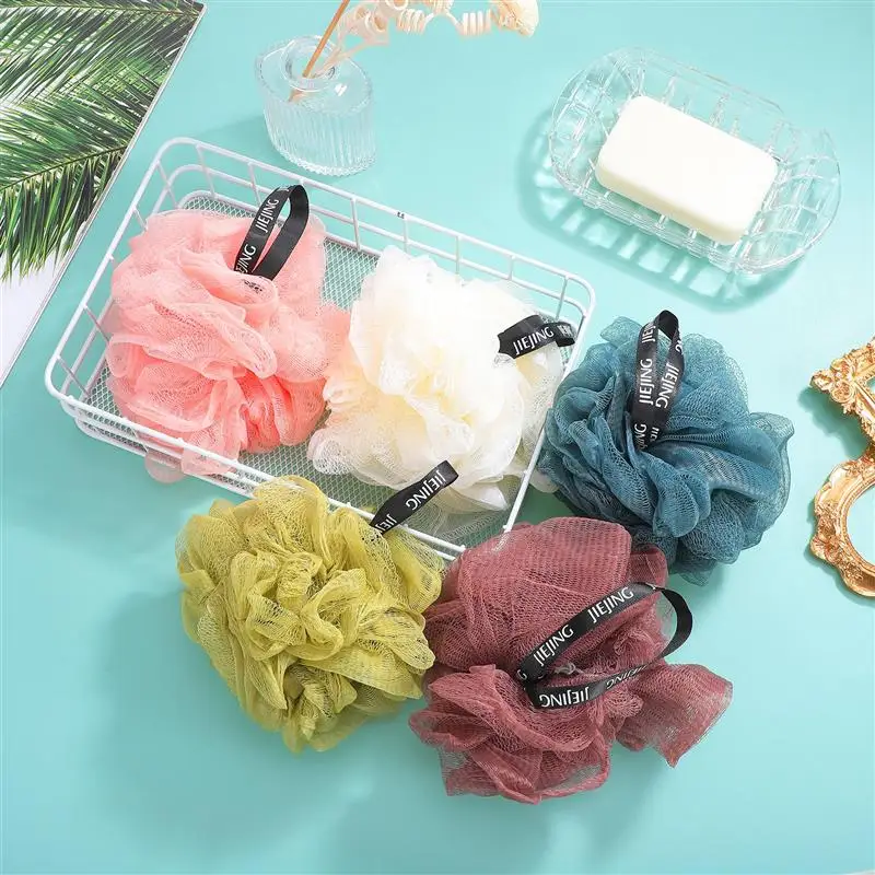 

5pcs Solid Color Shower Sponges Bath Balls Mesh Nets Resuable Scrubbers Bath Flowers (Blue + Beige+ Pink + Green + Khaki)